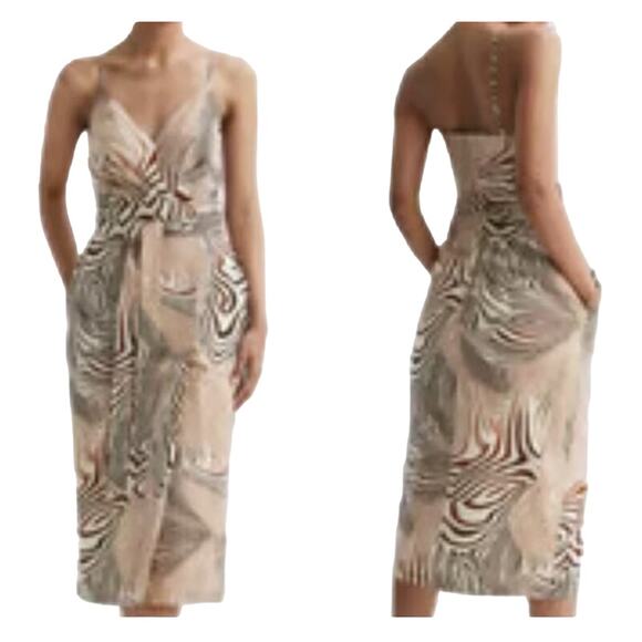 Reiss Dress Rosie fitted animal print midi beige brown size 12 - Picture 1 of 8
